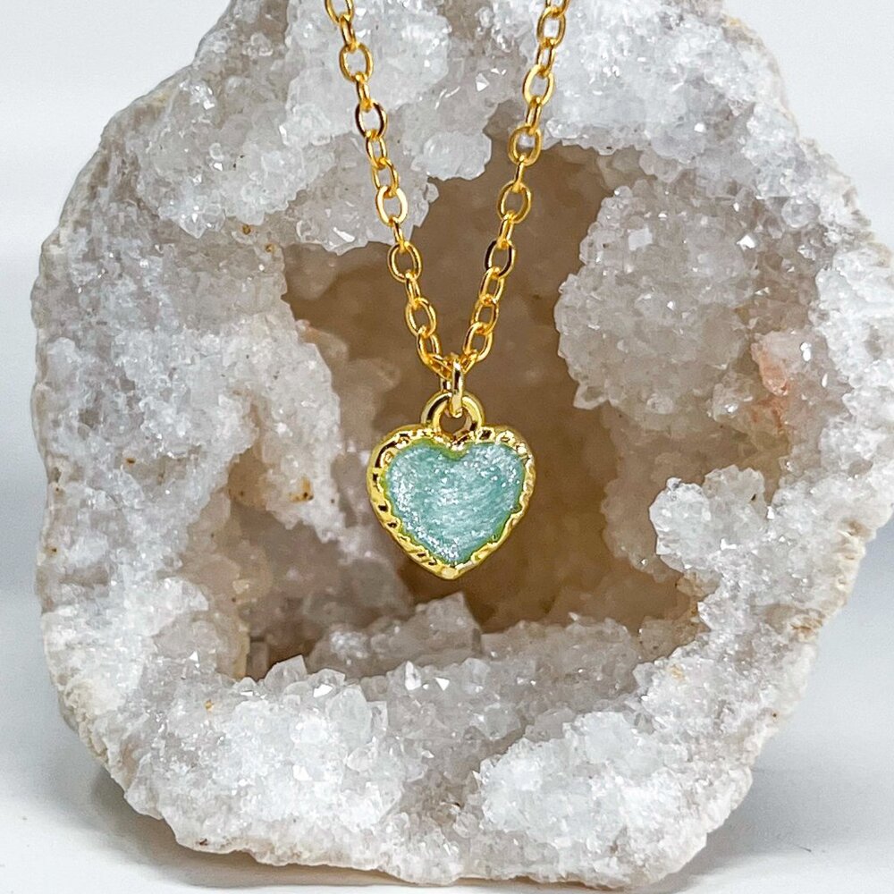 3/$20 14k Gold Turquoise Glitter Resin Heart Charm Handmade Pendant Necklace
